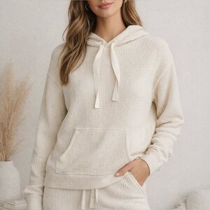 J.Crew Waffle Knit Hoodie Cotton Thermal Pullover Relaxed Lounge Sweatshirt